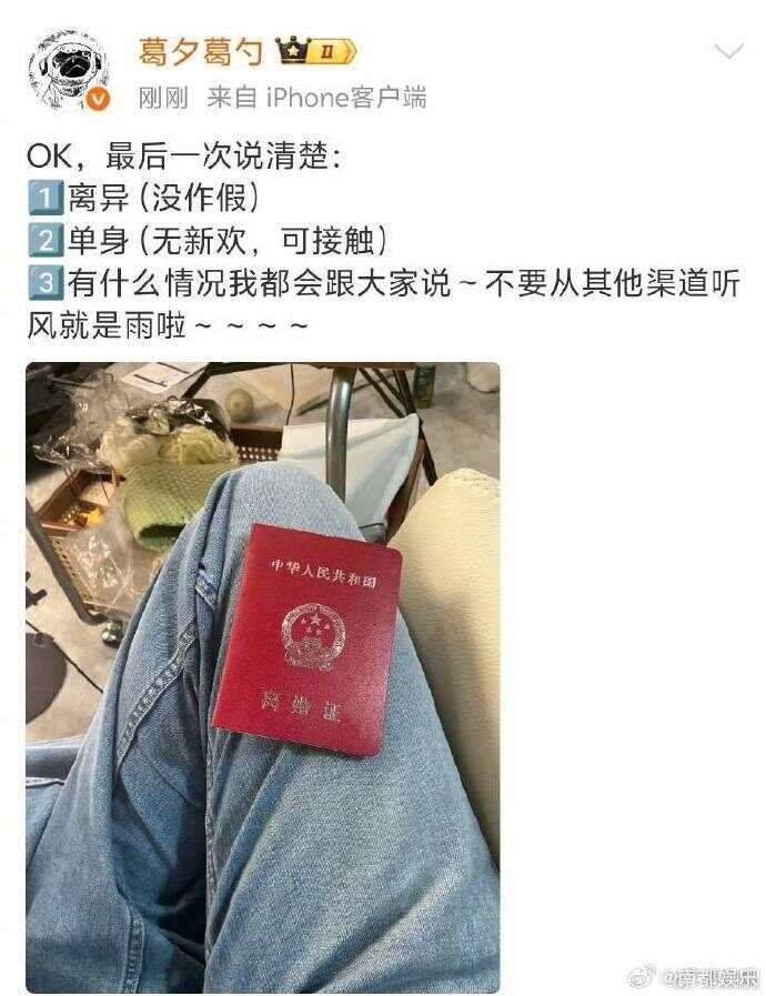 葛夕晒离婚证称“单身 离异 无新欢”，宣告与“留几手”婚姻终结-第1张图片